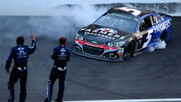 INDIANAPOLIS, IN - JULY 23: Kasey Kahne, driver of the #5 Farmers Insurance Chevrolet, celebrates with a burnout after winning the Monster Energy NASCAR Cup Series Brickyard 400 at Indianapolis Motorspeedway on July 23, 2017 in Indianapolis, Indiana. (Photo by Tim Bradbury/Getty Images)