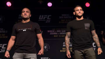 DALLAS, TX - MAY 10: Eddie Alvarez faces off with Dustin Poirier during the UFC 211 Ultimate Media Day at the House of Blues Dallas on May 10, 2017 in Dallas, Texas. (Photo by Cooper Neill/Zuffa LLC/Zuffa LLC via Getty Images)
