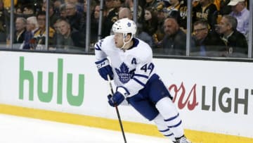 BOSTON, MA - APRIL 12: Toronto Maple Leafs defenseman Morgan Rielly (44) winds up during Game 1 of the First Round for the 2018 Stanley Cup Playoffs between the Boston Bruins and the Toronto Maple Leafs on April 12, 2018, at TD Garden in Boston, Massachusetts. The Bruins defeated the Maple Leafs 5-1. (Photo by Fred Kfoury III/Icon Sportswire via Getty Images)