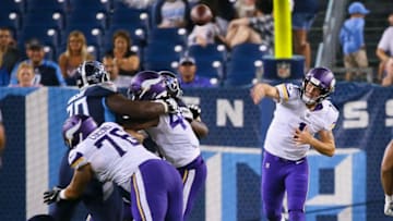 NASHVILLE, TN - AUGUST 30: Quarterback Kyle Sloter #1 of the Minnesota Vikings passes against the Tennessee Titans during the second half of a pre-season game at Nissan Stadium on August 30, 2018 in Nashville, Tennessee. (Photo by Frederick Breedon/Getty Images)
