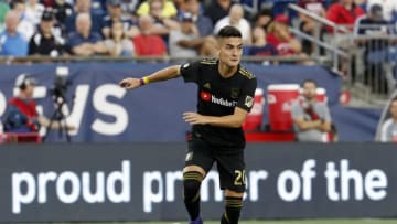 FOXBOROUGH, MA - AUGUST 03: Los Angeles FC midfielder Eduard Atuesta (20) looks to move the ball during a match between the New England Revolution and Los Angeles FC on August 3, 2019, at Gillette Stadium in Foxborough, Massachusetts. (Photo by Fred Kfoury III/Icon Sportswire via Getty Images)