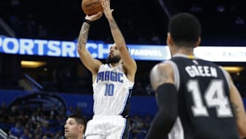 Oct 12, 2016; Orlando, FL, USA; Orlando Magic guard Evan Fournier (10) shoots against the San Antonio Spurs during the first quarter at Amway Center. Mandatory Credit: Kim Klement-USA TODAY Sports