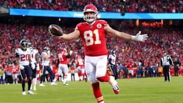 KANSAS CITY, MISSOURI - JANUARY 12: Blake Bell #81 of the Kansas City Chiefs celebrates his eight yard touchdown reception against the Houston Texans during the fourth quarter in the AFC Divisional playoff game at Arrowhead Stadium on January 12, 2020 in Kansas City, Missouri. (Photo by Tom Pennington/Getty Images)