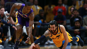 NEW ORLEANS, LA - FEBRUARY 05: Rajon Rondo #9 of the New Orleans Pelicans and Ricky Rubio #3 of the Utah Jazz scramble for a loos ball during the first half at Smoothie King Center on February 5, 2018 in New Orleans, Louisiana. NOTE TO USER: User expressly acknowledges and agrees that, by downloading and or using this photograph, User is consenting to the terms and conditions of the Getty Images License Agreement. (Photo by Sean Gardner/Getty Images)