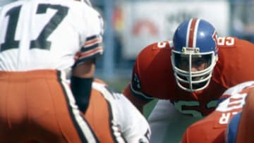 CLEVELAND, OH - OCTOBER 5: Linebacker Randy Gradishar of the Denver Broncos looks across the line of scrimmage at quarterback Brian Sipe #17 of the Cleveland Browns during a game at Cleveland Municipal Stadium on October 5, 1980 in Cleveland, Ohio. The Broncos defeated the Browns 19-16. (Photo by George Gojkovich/Getty Images)
