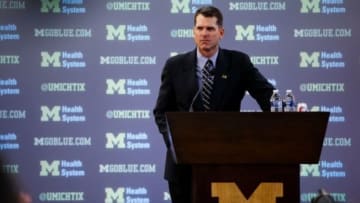 Dec 30, 2014; Ann Arbor, MI, USA; Jim Harbaugh speaks to the media as he is introduced as the new head football coach of the Michigan Wolverines at Jonge Center. Mandatory Credit: Rick Osentoski-USA TODAY Sports