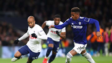 LONDON, ENGLAND - NOVEMBER 21: Lucas Moura of Tottenham Hotspur and Junior Firpo of Leeds United in action during the Premier League match between Tottenham Hotspur and Leeds United at Tottenham Hotspur Stadium on November 21, 2021 in London, England. (Photo by Chloe Knott - Danehouse/Getty Images)