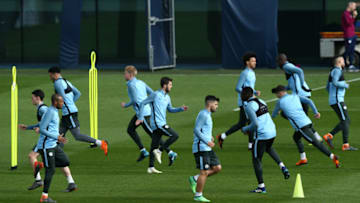 MANCHESTER, ENGLAND - APRIL 09: Manchester City players warm up during a training session at Manchester City Football Academy on April 9, 2018 in Manchester, England. (Photo by Jan Kruger/Getty Images)