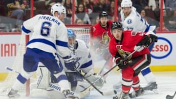 Feb 8, 2016; Ottawa, Ontario, CAN; Ottawa Senators center Jean-Gabriel Pageau (44) follows the puck on a rebound from Tampa Bay Lightning goalie Andrei Vasilevskiy (88) in the second period at the Canadian Tire Centre. Mandatory Credit: Marc DesRosiers-USA TODAY Sports