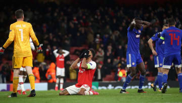 LONDON, ENGLAND - FEBRUARY 27: Pierre-Emerick Aubameyang of Arsenal looks dejected after his missed chance towards the end of time during the UEFA Europa League round of 32 second leg match between Arsenal FC and Olympiacos FC at Emirates Stadium on February 27, 2020 in London, United Kingdom. (Photo by Julian Finney/Getty Images)