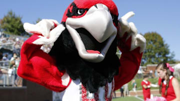 Oct 10, 2015; Athens, OH, USA; The Miami (Oh) Redhawks mascot performs in the first half against the Ohio Bobcats at Peden Stadium. The Bobcats won 34-3. Mandatory Credit: Aaron Doster-USA TODAY Sports