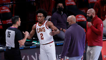 NEW YORK, NEW YORK - MAY 16: Head coach J. B. Bickerstaff (R) and Collin Sexton #2 of the Cleveland Cavaliers react toward referee Zach Zarba #15 after Sexton is called for a flagrant foul against Kevin Durant #7 of the Brooklyn Nets (not pictured) during the second half at Barclays Center on May 16, 2021 in the Brooklyn borough of New York City. NOTE TO USER: User expressly acknowledges and agrees that, by downloading and or using this photograph, User is consenting to the terms and conditions of the Getty Images License Agreement. (Photo by Sarah Stier/Getty Images)