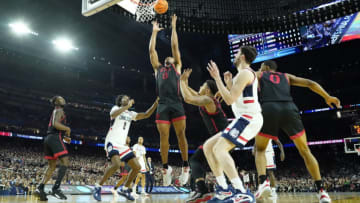 Apr 3, 2023; Houston, TX, USA; San Diego State Aztecs forward Jaedon LeDee (13) grabs a rebound against the Connecticut Huskies in the national championship game of the 2023 NCAA Tournament at NRG Stadium. Mandatory Credit: Robert Deutsch-USA TODAY Sports