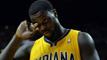 May 30, 2014; Miami, FL, USA; Indiana Pacers guard Lance Stephenson (1) wipes his face during a game against the Miami Heat in game six of the Eastern Conference Finals of the 2014 NBA Playoffs at American Airlines Arena. Mandatory Credit: Steve Mitchell-USA TODAY Sports