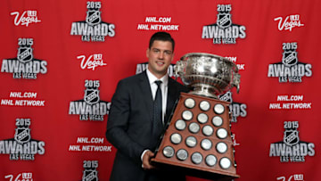 LAS VEGAS, NV - JUNE 24: Jamie Benn of the Dallas Stars poses in the press room after winning the Art Ross Trophy at the 2015 NHL Awards at MGM Grand Garden Arena on June 24, 2015 in Las Vegas, Nevada. (Photo by Bruce Bennett/Getty Images)