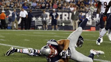 Aug 18, 2016; Foxborough, MA, USA; New England Patriots wide receiver Chris Hogan (15) makes the catch for the two point conversion against the Chicago Bears in the second quarter at Gillette Stadium. Mandatory Credit: David Butler II-USA TODAY Sports