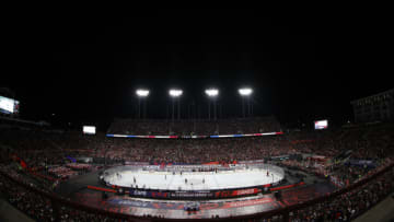 Feb 18, 2023; Raleigh, North Carolina, USA; A view of the game between the Washington Capitals and the Carolina Hurricanes in the first period during the 2023 Stadium Series ice hockey game at Carter-Finley Stadium. Mandatory Credit: Geoff Burke-USA TODAY Sports