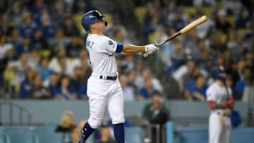 LOS ANGELES, CA - JUNE 18: Enrique Hernandez #14 of the Los Angeles Dodgers looks to left field after he hit a grand slam home run against the San Francisco Giants in the seventh inning at Dodger Stadium on June 18, 2019 in Los Angeles, California. (Photo by John McCoy/Getty Images)