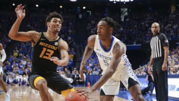 LEXINGTON, KY - JANUARY 04: Immanuel Quickley #5 of the Kentucky Wildcats drives to the basket against Mark Smith #13 of the Missouri Tigers during the first half at Rupp Arena on January 4, 2020 in Lexington, Kentucky. (Photo by Michael Hickey/Getty Images)