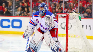 NEWARK, NJ - APRIL 03: New York Rangers goaltender Henrik Lundqvist (30) during the third period of the National Hockey League Game between the New Jersey Devils and the New York Rangers on April 3, 2018, at the Prudential Center in Newark, NJ. (Photo by Rich Graessle/Icon Sportswire via Getty Images)
