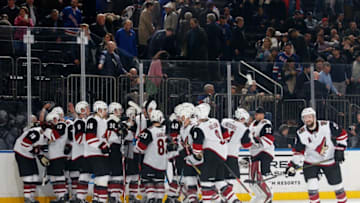 NEW YORK, NY - OCTOBER 22: The Arizona Coyotes celebrate after defeating the New York Rangers 3-2 in overtime at Madison Square Garden on October 22, 2019 in New York City. (Photo by Jared Silber/NHLI via Getty Images)