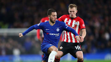 LONDON, ENGLAND - JANUARY 02: Eden Hazard of Chelsea controls the ball as James Ward-Prowse of Southampton looks on during the Premier League match between Chelsea FC and Southampton FC at Stamford Bridge on January 2, 2019 in London, United Kingdom. (Photo by Clive Rose/Getty Images)