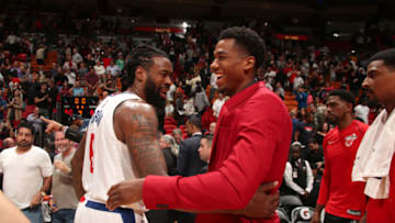 MIAMI, FL - DECEMBER 16: DeAndre Jordan #6 of the LA Clippers and Hassan Whiteside #21 of the Miami Heat after the game on December 16, 2017 at American Airlines Arena in Miami, Florida. NOTE TO USER: User expressly acknowledges and agrees that, by downloading and/or using this photograph, user is consenting to the terms and conditions of the Getty Images License Agreement. Mandatory Copyright Notice: Copyright 2017 NBAE (Photo by Issac Baldizon/NBAE via Getty Images)