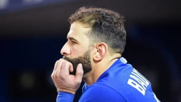 Oct 9, 2015; Toronto, Ontario, CAN; Toronto Blue Jays right fielder Jose Bautista reacts from the dugout in the 14th inning against the Texas Rangers in game two of the ALDS at Rogers Centre. Mandatory Credit: Dan Hamilton-USA TODAY Sports