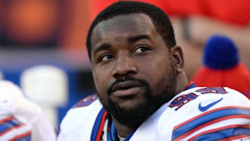 Dec 7, 2014; Denver, CO, USA; Buffalo Bills defensive tackle Marcell Dareus (99) on the bench in the third quarter against the Denver Broncos at Sports Authority Field at Mile High. The Broncos defeated the Bills 24-17. Mandatory Credit: Ron Chenoy-USA TODAY Sports
