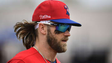CLEARWATER, FLORIDA - FEBRUARY 25: Bryce Harper #3 of the Philadelphia Phillies in action during the spring training game against the Toronto Blue Jays at Spectrum Field on February 25, 2020 in Clearwater, Florida. (Photo by Mark Brown/Getty Images)
