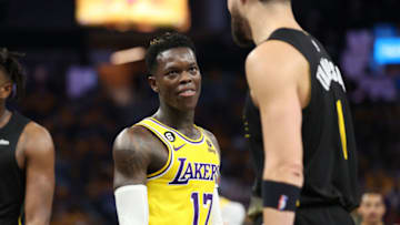 SAN FRANCISCO, CALIFORNIA - MAY 02: Dennis Schroder #17 of the Los Angeles Lakers looks on during the second quarter in game one of the Western Conference Semifinal Playoffs against the Golden State Warriors at Chase Center on May 02, 2023 in San Francisco, California. NOTE TO USER: User expressly acknowledges and agrees that, by downloading and or using this photograph, User is consenting to the terms and conditions of the Getty Images License Agreement. (Photo by Ezra Shaw/Getty Images)