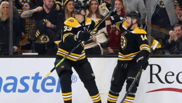 BOSTON, MASSACHUSETTS - JANUARY 05: Chris Wagner #14 of the Boston Bruins celebrates with Zdeno Chara #33 after scoirng a goal against the Buffalo Sabres during the first period at TD Garden on January 05, 2019 in Boston, Massachusetts. (Photo by Maddie Meyer/Getty Images)