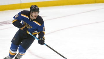 ST. LOUIS, MO - FEBRUARY 19: St. Louis Blues center Brayden Schenn (10) with the puck during an NHL game between the Toronto Maple Leafs and the St. Louis Blues on February 19, 2019, at Enterprise Center, St. Louis, MO. (Photo by Keith Gillett/Icon Sportswire via Getty Images)