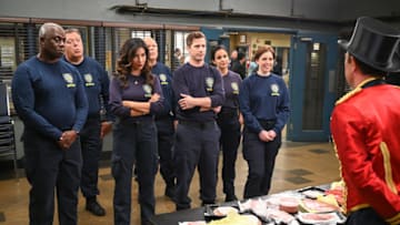 BROOKLYN NINE-NINE -- "The Jimmy Jab Games II" Episode 704 -- Pictured: (l-r) Andre Braugher as Ray Holt, Joel McKinnon Miller as Scully, Stephanie Beatriz as Rosa Diaz, Dirk Blocker as Hitchcock, Andy Samberg as Jake Peralta, Melissa Fumero as Amy Santiago, Vanessa Bayer as Debbie Fogel -- (Photo by: John P. Fleenor/NBC)