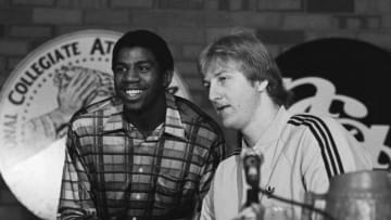 Michigan State guard Earvin Johnson and Indiana State forward Larry Bird answer questions for reporters during a press conference in Salt Lake City, Utah. Tomorrow, the two players will face off when their teams meet in the NCAA Final Four Championship, a game many feel will be a classic matchup of two collegiate superstars.