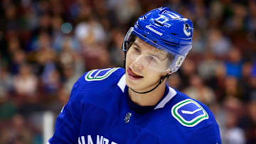 VANCOUVER, BC - MARCH 15: Nikolay Goldobin #77 of the Vancouver Canucks skates up ice during their NHL game against the New Jersey Devils at Rogers Arena March 15, 2019 in Vancouver, British Columbia, Canada. (Photo by Jeff Vinnick/NHLI via Getty Images)"n