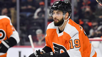 Feb 9, 2022; Philadelphia, Pennsylvania, USA; Philadelphia Flyers center Derick Brassard (19) against the Detroit Red Wings at Wells Fargo Center. Mandatory Credit: Eric Hartline-USA TODAY Sports