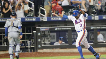 May 27, 2016; New York City, NY, USA; New York Mets right fielder Curtis Granderson (3) celebrates as he heads home on his walk off home run during the ninth inning against the Los Angeles Dodgers at Citi Field. New York Mets won 6-5. Mandatory Credit: Anthony Gruppuso-USA TODAY Sports
