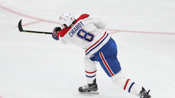 WASHINGTON, DC - FEBRUARY 20: Ben Chiarot #8 of the Montreal Canadiens scores a goal against the Washington Capitals during third period at Capital One Arena on February 20, 2020 in Washington, DC. (Photo by Patrick Smith/Getty Images)