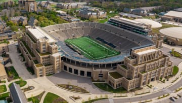 SOUTH BEND, INDIANA - MAY 01: Aerial view of Notre Dame Stadium from a drone prior to the Blue-Gold Spring Game at Notre Dame Stadium on May 01, 2021 in South Bend, Indiana. (Photo by Quinn Harris/Getty Images)