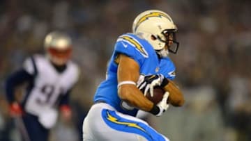 Dec 7, 2014; San Diego, CA, USA; San Diego Chargers running back Donald Brown (34) runs during the first quarter against the New England Patriots at Qualcomm Stadium. Mandatory Credit: Jake Roth-USA TODAY Sports