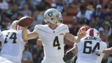 January 31, 2016; Honolulu, HI, USA; Team Rice quarterback Derek Carr of the Oakland Raiders (4) passes the football during the second quarter of the 2016 Pro Bowl game at Aloha Stadium. Mandatory Credit: Kyle Terada-USA TODAY Sports