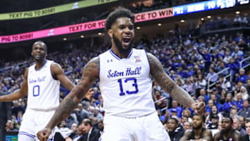 NEWARK, NJ - JANUARY 22: Seton Hall Pirates guard Myles Powell (13) reacts after a made basket during the first half of the college basketball game between the Seton Hall Pirates and the Providence Friars on January 22, 2020 at th Prudential Center in Newark, NJ. (Photo by Rich Graessle/Icon Sportswire via Getty Images)