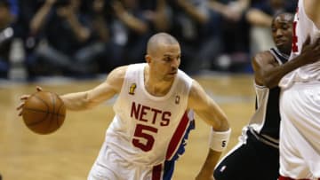 EAST RUTHERFORD, NJ - JUNE 13: Jason Kidd #5 of the New Jersey Nets drives the ball during game five of the 2003 NBA Finals against San Antonio Spurs at Continental Airlines Arena on June 13, 2003 in East Rutherford, New Jersey. The Spurs won 93-83. NOTE TO USER: User expressly acknowledges and agrees that, by downloading and/or using this Photograph, User is consenting to the terms and conditions of the Getty Images License Agreement. Mandatory Copyright Notice: Copyright 2003 NBAE (Photo by Doug Pensinger/Getty Images)