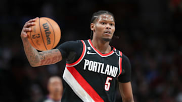 PORTLAND, OREGON - FEBRUARY 10: Cam Reddish #5 of the Portland Trail Blazers plays against the Oklahoma City Thunder during the first quarter at Moda Center on February 10, 2023 in Portland, Oregon. NOTE TO USER: User expressly acknowledges and agrees that, by downloading and or using this photograph, user is consenting to the terms and conditions of the Getty Images License Agreement. (Photo by Amanda Loman/Getty Images)