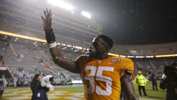 KNOXVILLE, TENNESSEE - NOVEMBER 30: Daniel Bituli #35 of the Tennessee Volunteers walks off the field after the game against the Vanderbilt Commodores at Neyland Stadium on November 30, 2019 in Knoxville, Tennessee. (Photo by Silas Walker/Getty Images)