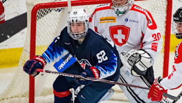 PLYMOUTH, MI - DECEMBER 12: Brett Berard #52 of the U.S. Nationals follows the play against the Switzerland Nationals during day-2 of game two of the 2018 Under-17 Four Nations Tournament at USA Hockey Arena on December 12, 2018 in Plymouth, Michigan. USA defeated Switzerland 3-1. (Photo by Dave Reginek/Getty Images)