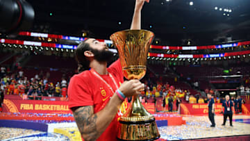 BEIJING, CHINA - SEPTEMBER 15: Ricky Rubio #9 of Team Spain celebrates after the game against Team Argentina during the 2019 FIBA World Cup Finals at the Cadillac Arena on September 15, 2019 in Beijing, China. NOTE TO USER: User expressly acknowledges and agrees that, by downloading and/or using this Photograph, user is consenting to the terms and conditions of the Getty Images License Agreement. Mandatory Copyright Notice: Copyright 2019 NBAE (Photo by Jesse D. Garrabrant/NBAE via Getty Images)