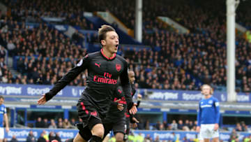 22nd October 2017, Goodison Park, Liverpool, England; EPL Premier League football, Everton versus Arsenal; Mesut Ozil of Arsenal celebrates his headed goal after 53 minutes to give Arsenal a 1-2 lead (Photo by David Blunsden/Action Plus via Getty Images)