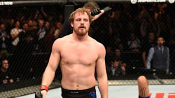 LONDON, ENGLAND - MARCH 18: (L-R)Gunnar Nelson of Iceland celebrates his submission victory over Alan Jouban of the United States in their welterweight fight during the UFC Fight Night event at The O2 arena on March 18, 2017 in London, England. (Photo by Josh Hedges/Zuffa LLC/Zuffa LLC via Getty Images)